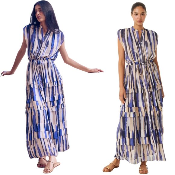 Misa Los Angeles Dresses & Skirts - Misa Los Angeles Ulricha Striped Button Up Tiered Maxi Dress Women's Medium Blue